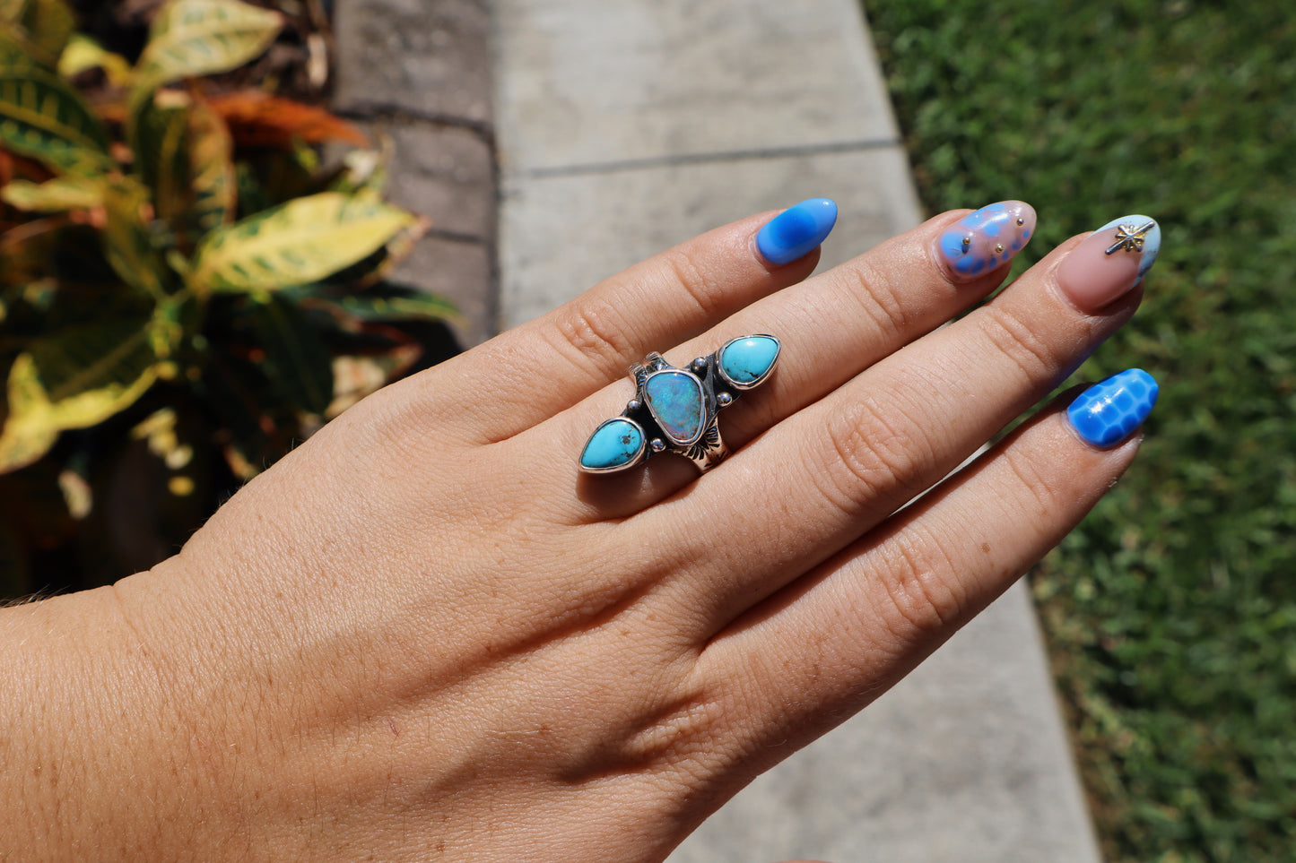 Oasis triple stone ring.(Blue ridge turquoise and boulder opal)hand stamped band. Size 7