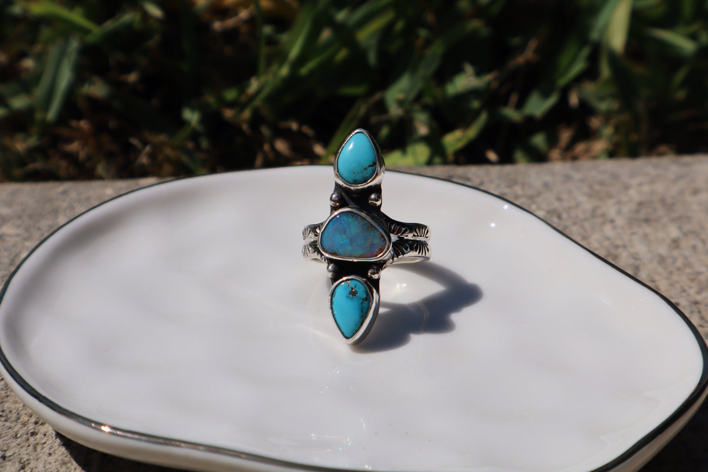 Oasis triple stone ring.(Blue ridge turquoise and boulder opal)hand stamped band. Size 7