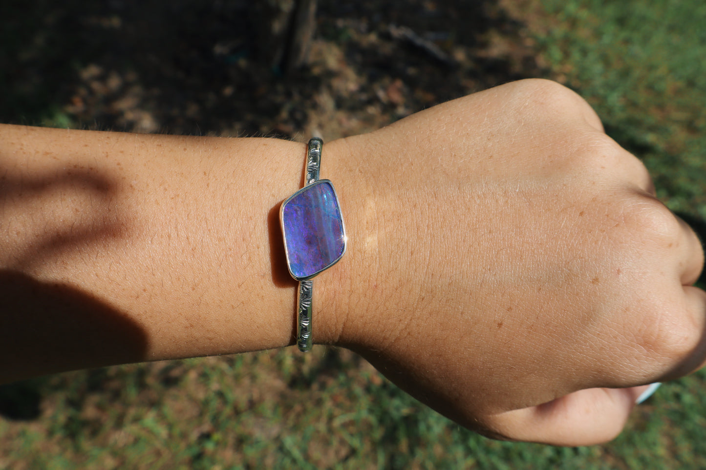 Big beautiful blurple boulder opal hand stamped cuff