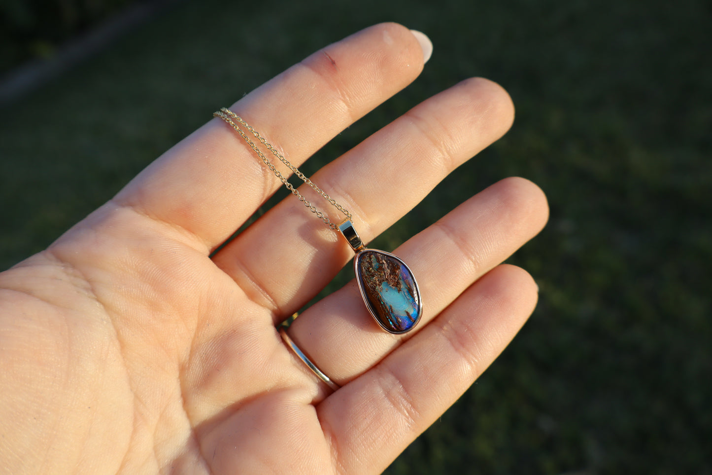 Custom gold filled bezel and bail, sterling silver backplate pendant