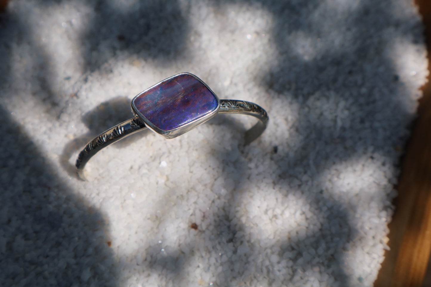 Big beautiful blurple boulder opal hand stamped cuff