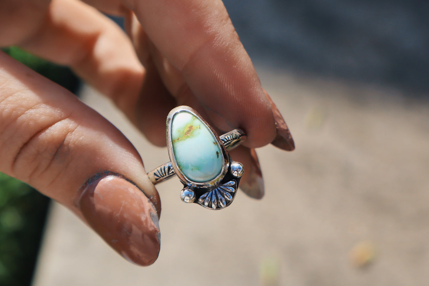 Palomino “cactus flower” ring, size 9. Hand stamped band, sterling silver