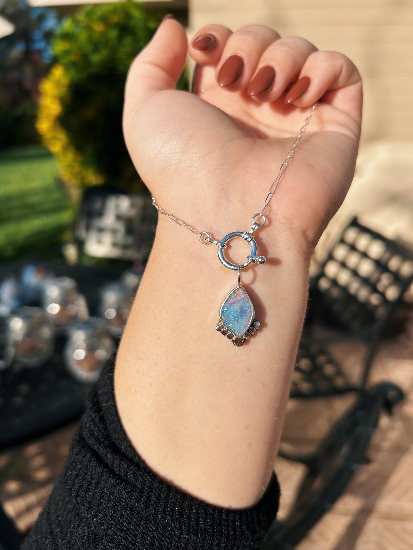 Lilac Blue Boulder opal pendant 18in with 14k gold accent