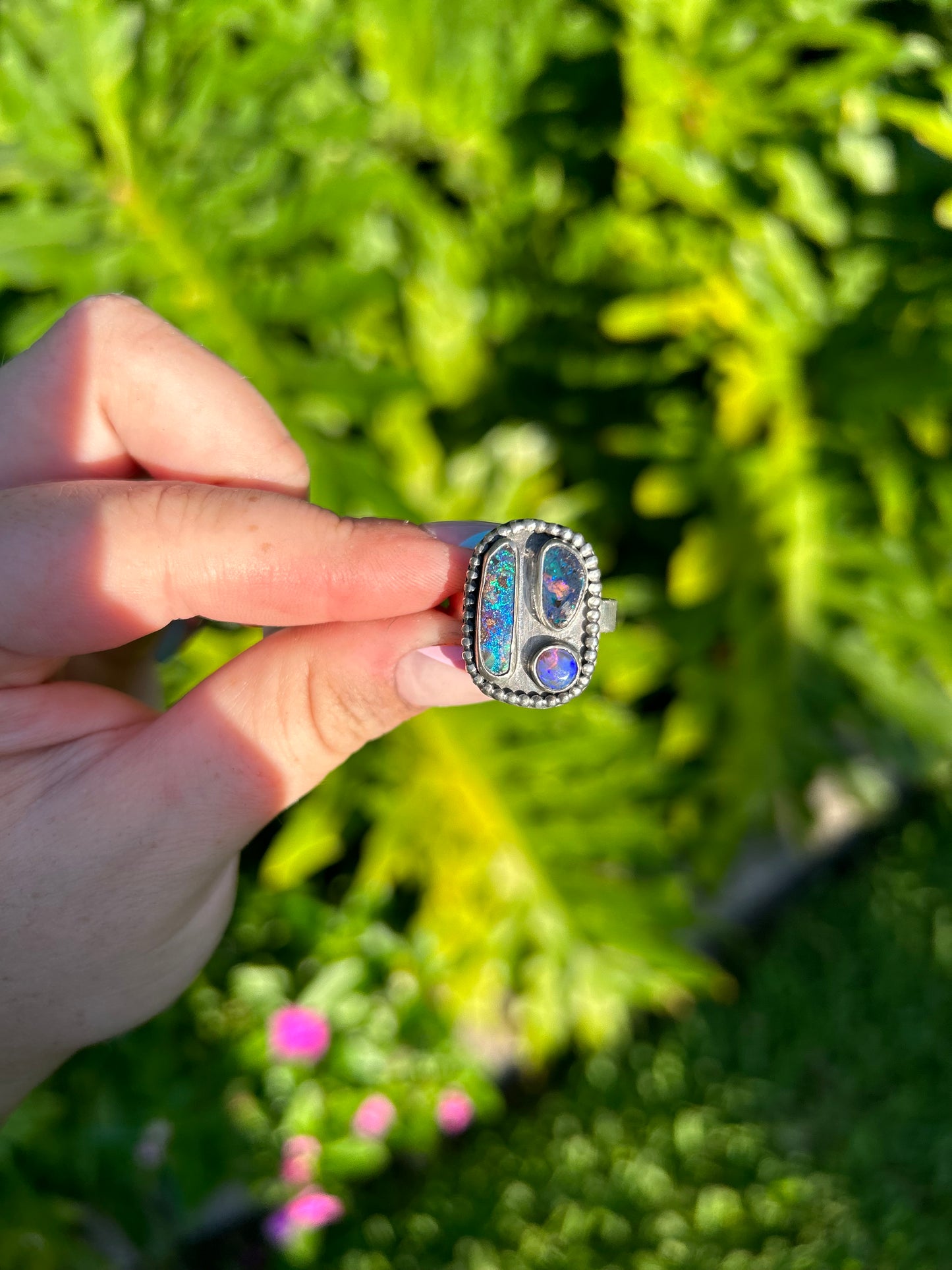 Antique’d Boulder opal cluster ring, vintage style