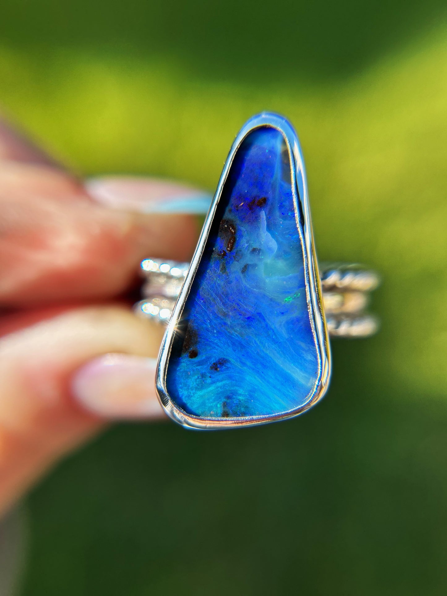 Big Blue Triple Band Custom opal Ring Size 9