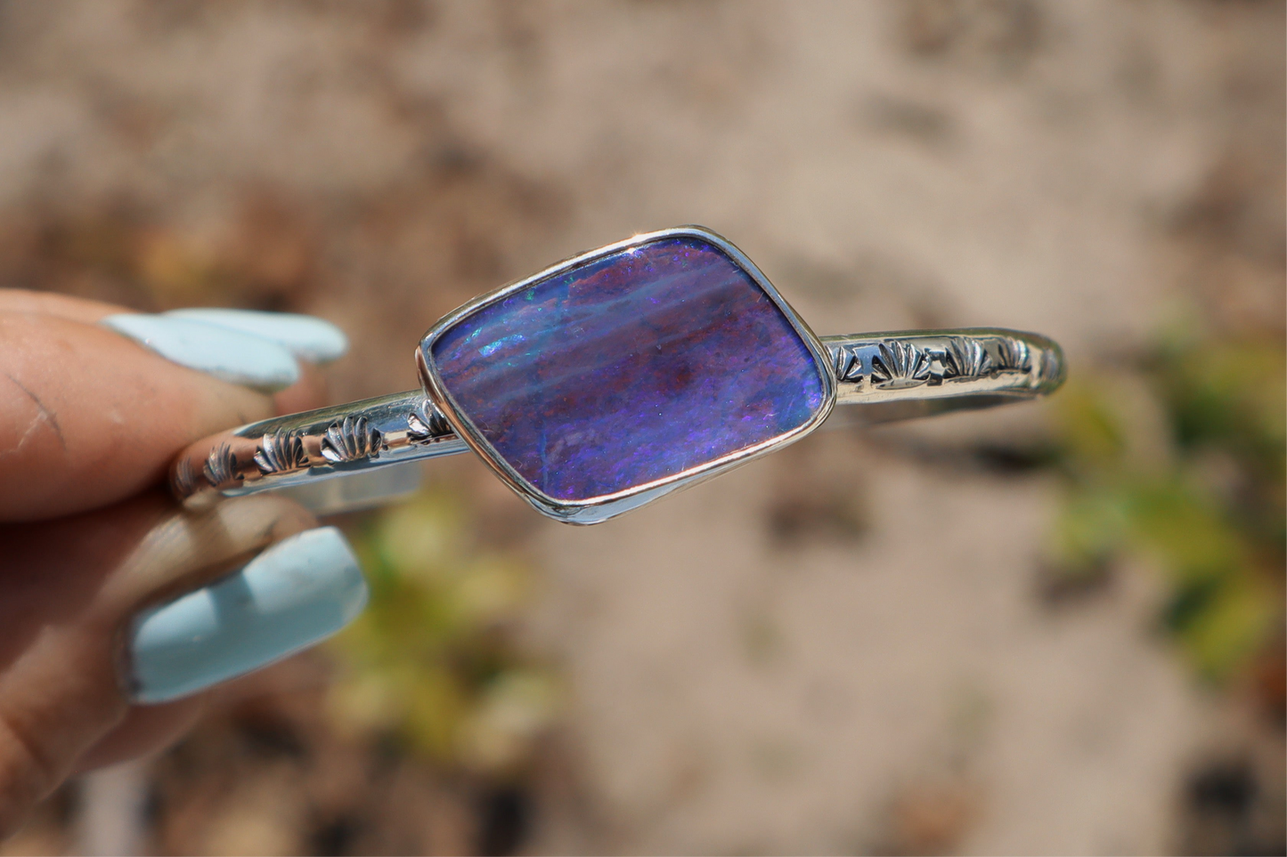 Big beautiful blurple boulder opal hand stamped cuff
