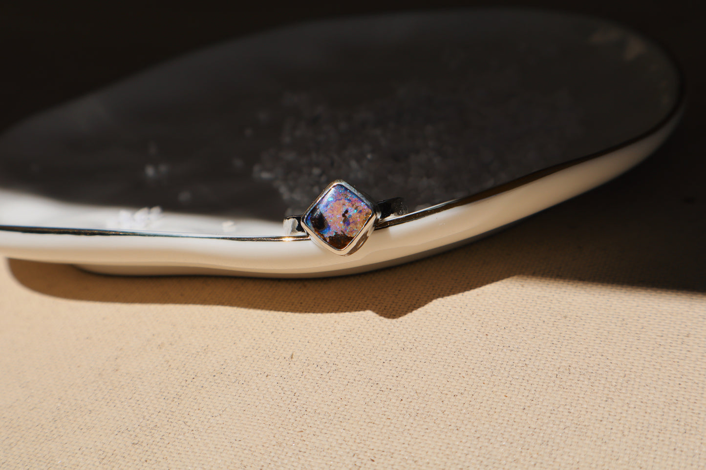 Sparkly purple boulder opal ring, size 6 hammer textured square band sterling silver