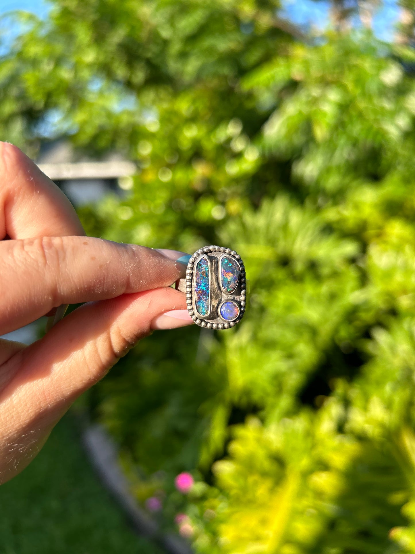 Antique’d Boulder opal cluster ring, vintage style