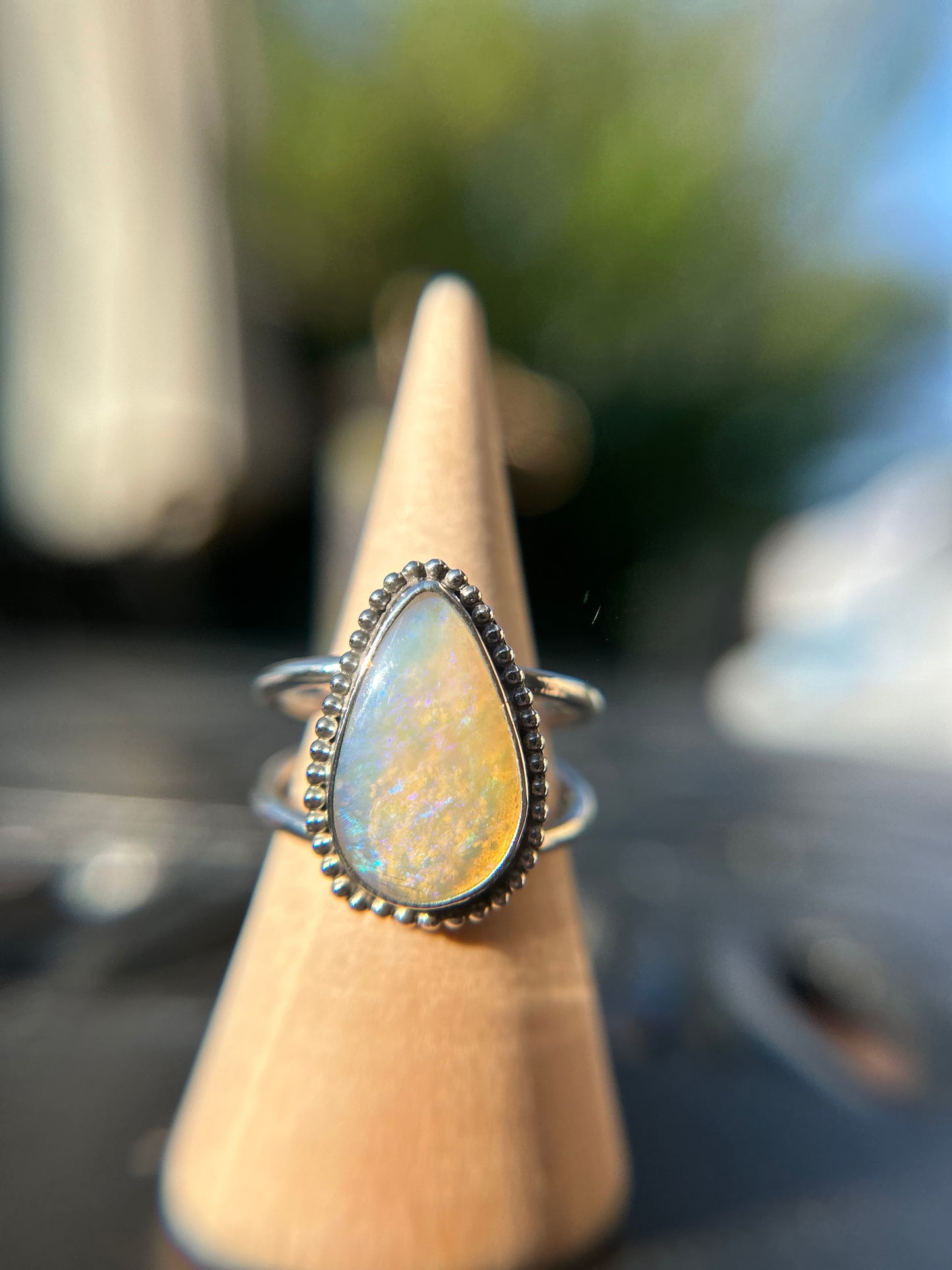 Cloudy tear drop Opal ring, size US 6