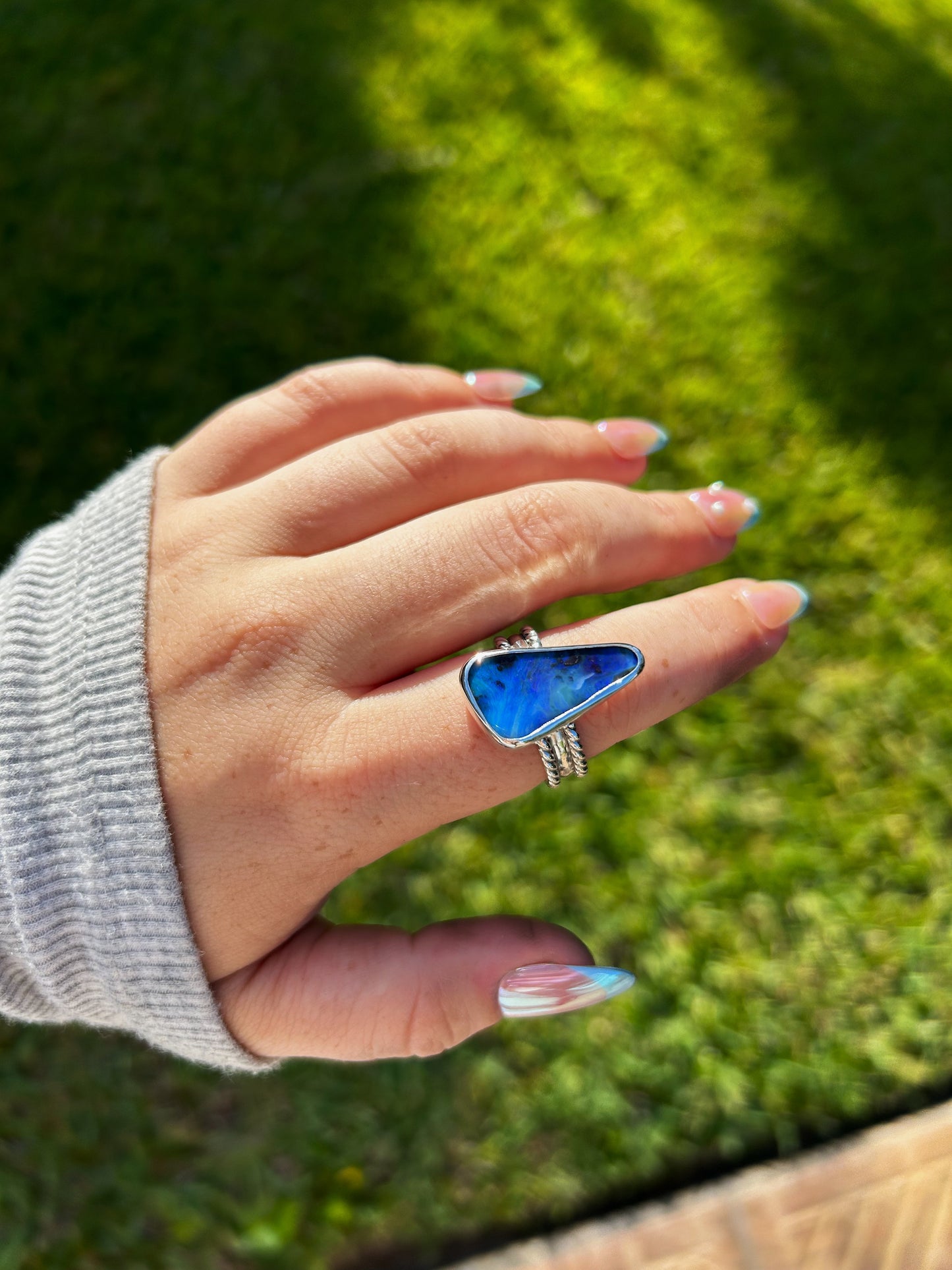 Big Blue Triple Band Custom opal Ring Size 9