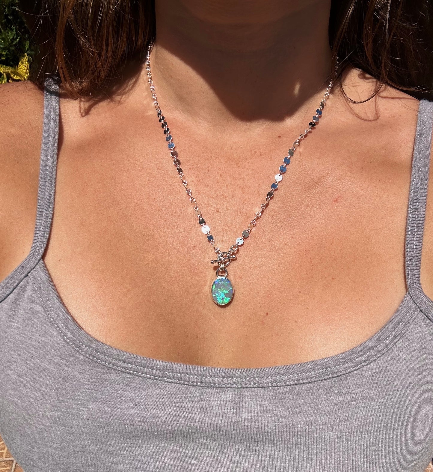 Stunning Semi dark opal pendant, 18in 4mm circle link toggle pendant.