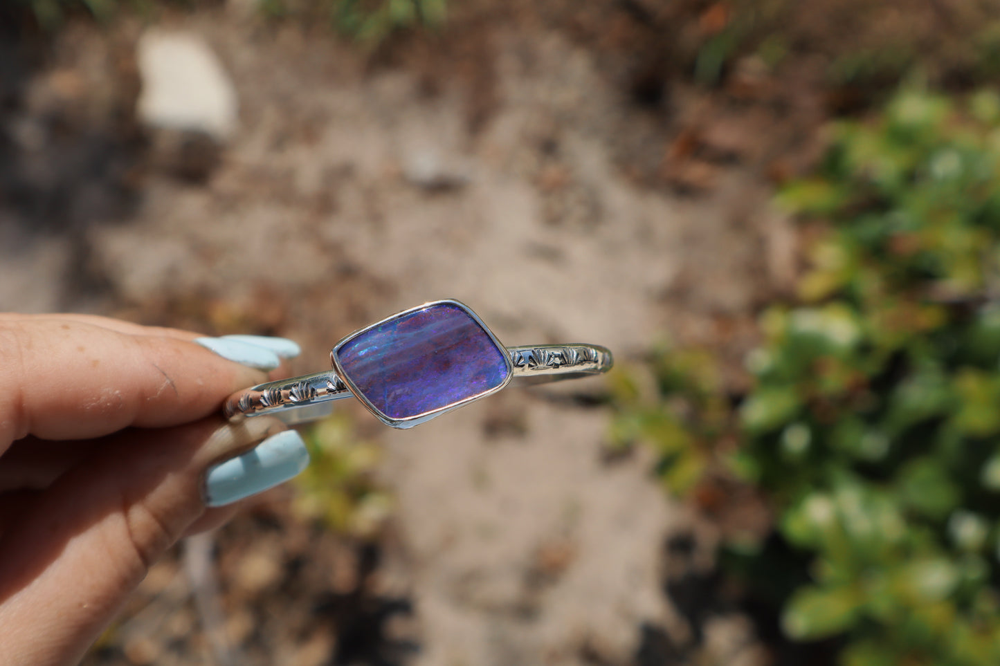 Big beautiful blurple boulder opal hand stamped cuff