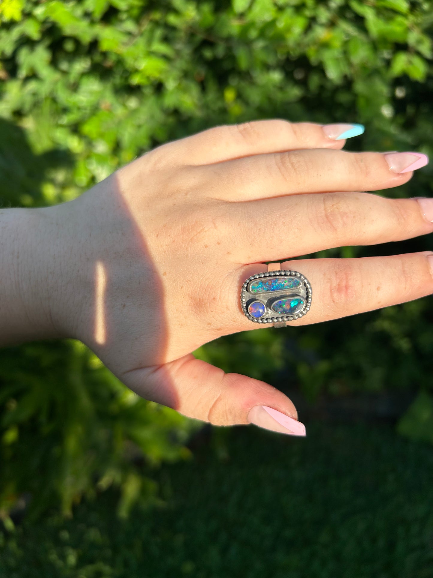 Antique’d Boulder opal cluster ring, vintage style