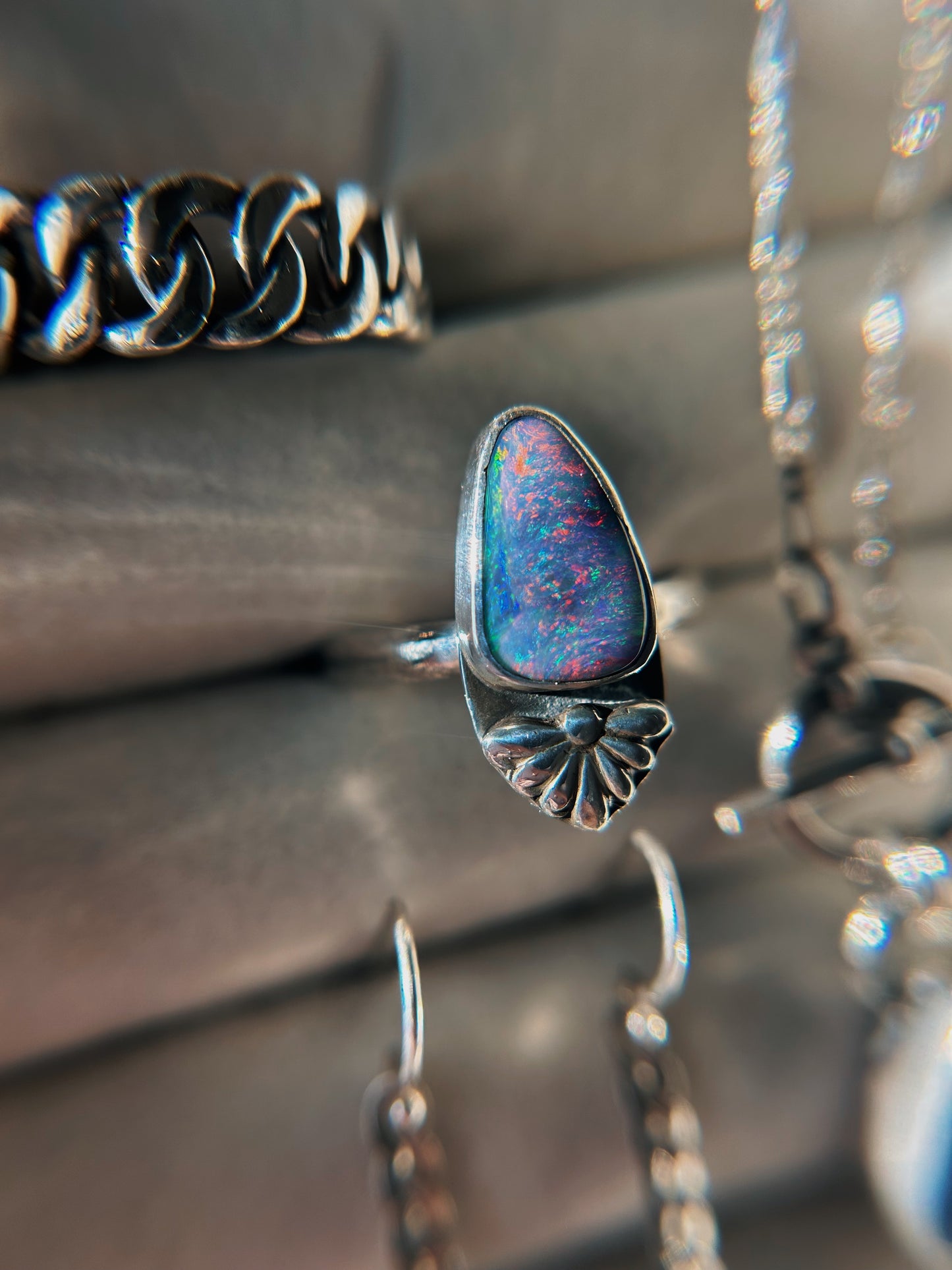 Cotton candy sparkle boulder opal ring size US 7