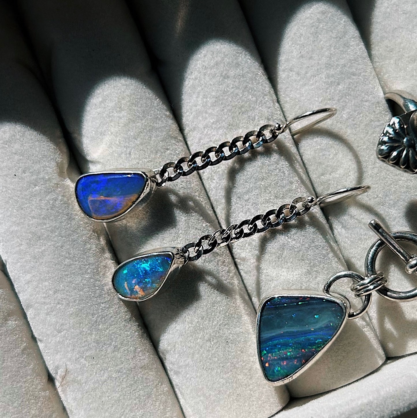 Curb chain earrings, mix match solid opals