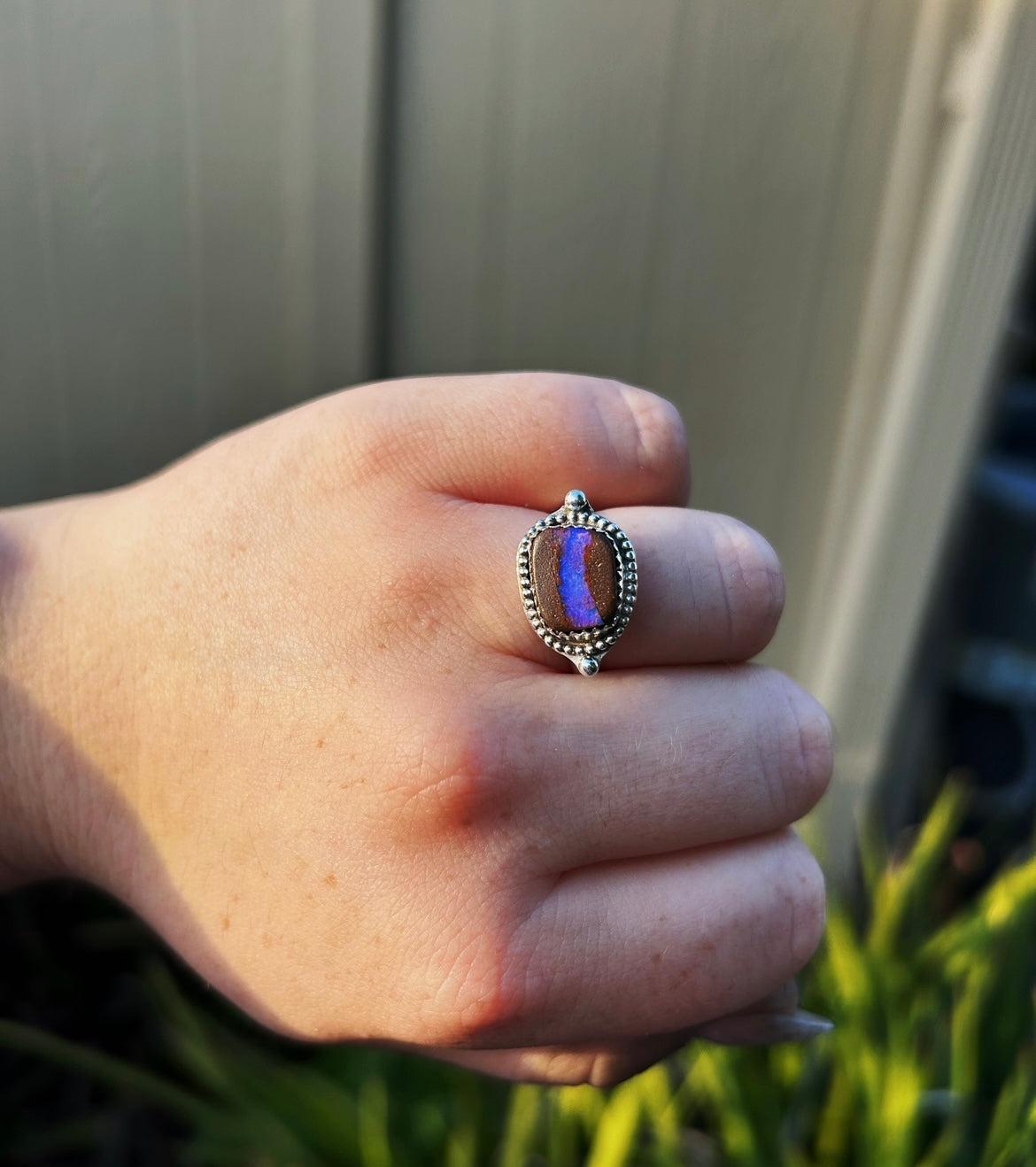 Blue-Purple River boulder opal ring, Size US 7.5