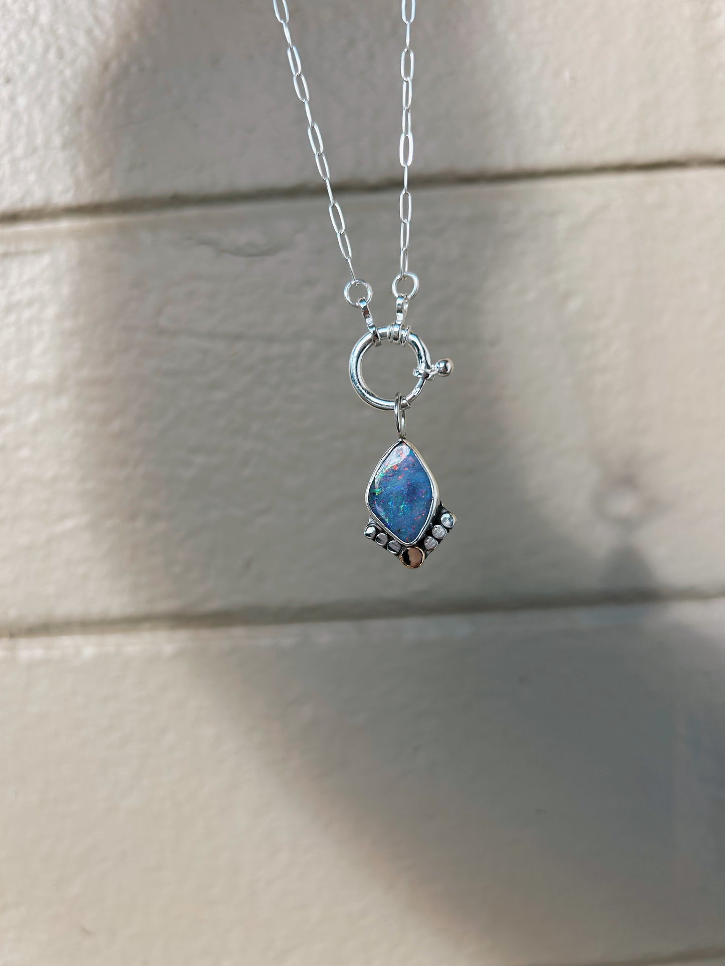 Lilac Blue Boulder opal pendant 18in with 14k gold accent