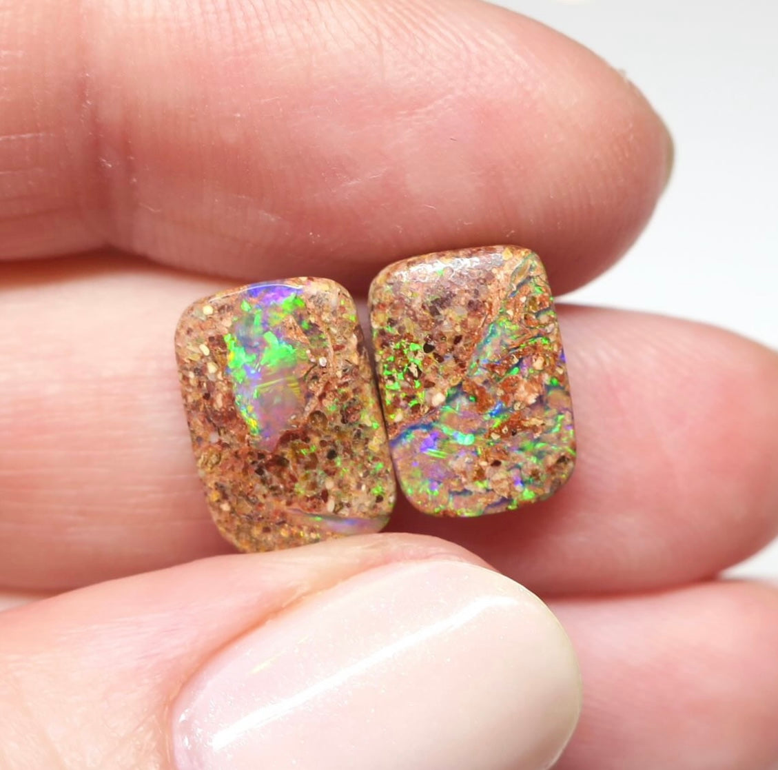 Green and purple Wood Opal pair