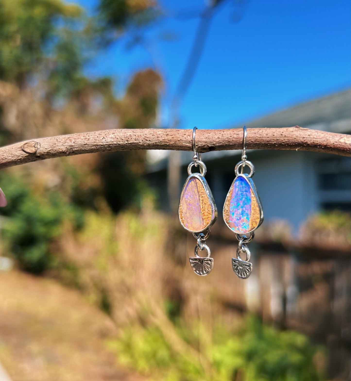 Purple Wood opal tear drop pair