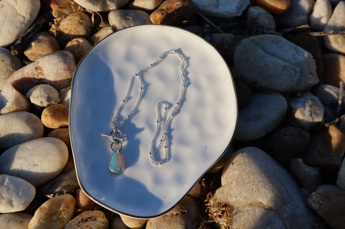 Blue green flashy Crystal opal necklace. 18 in satellite toggle style