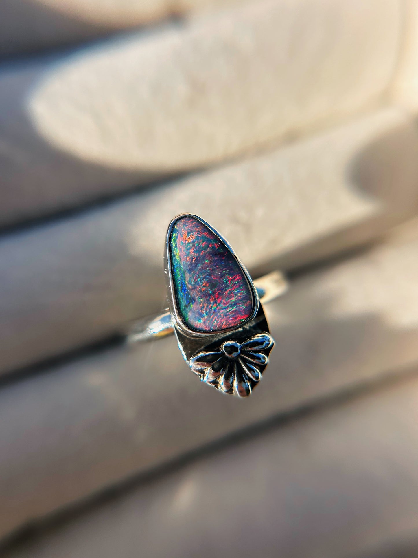 Cotton candy sparkle boulder opal ring size US 7