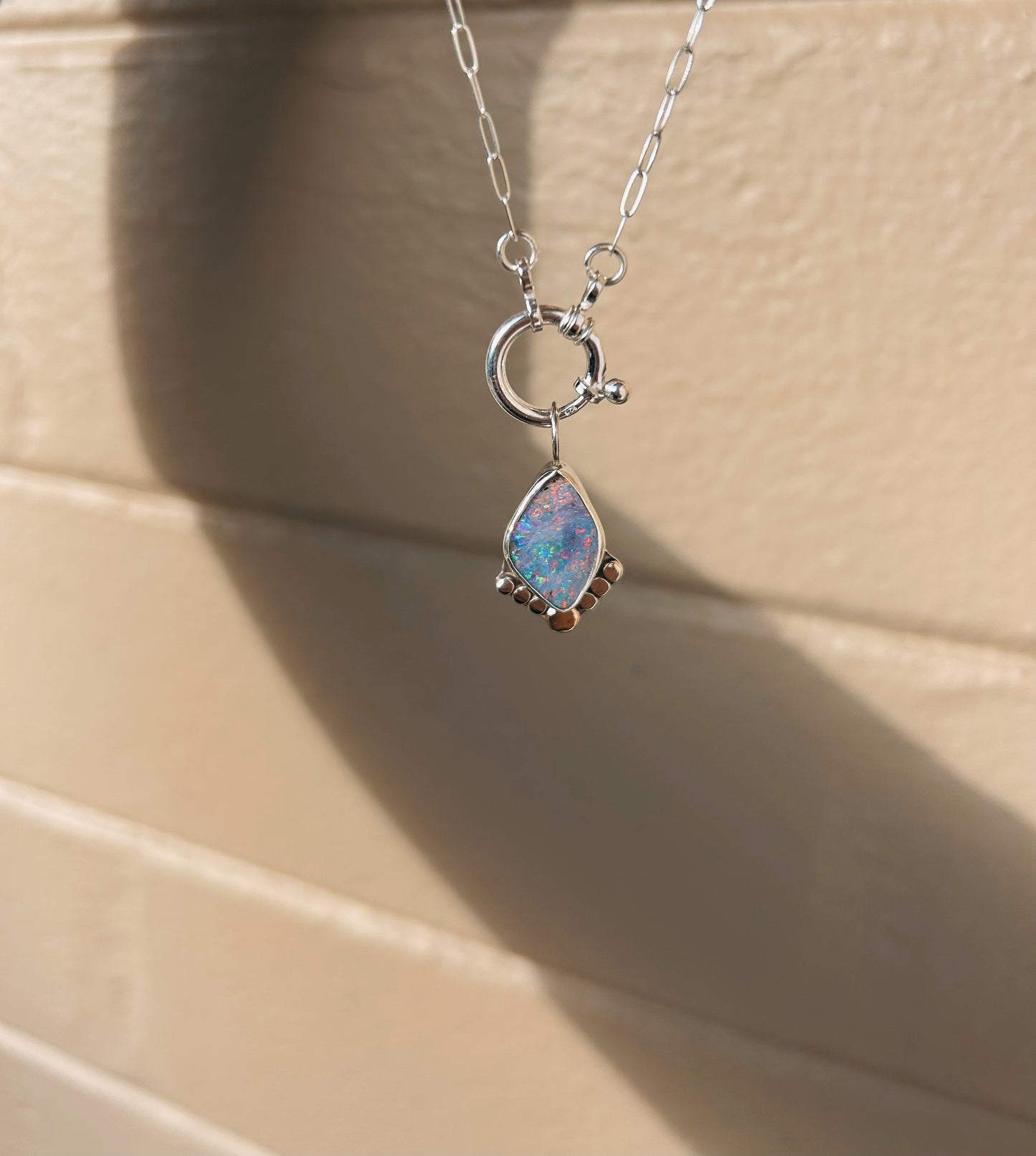 Lilac Blue Boulder opal pendant 18in with 14k gold accent