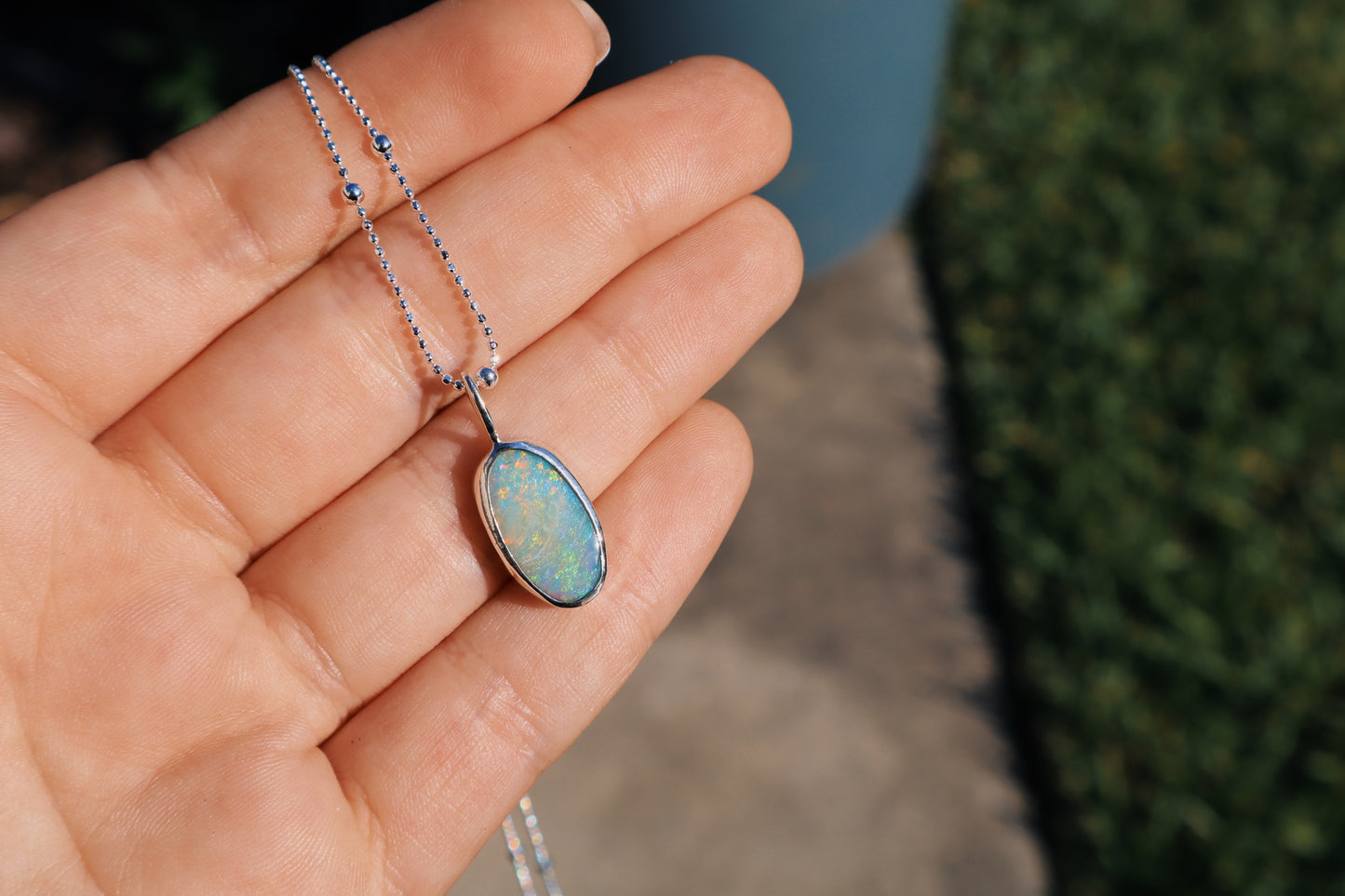 Colorful Australian opal pendant, 18in satellite chain included.