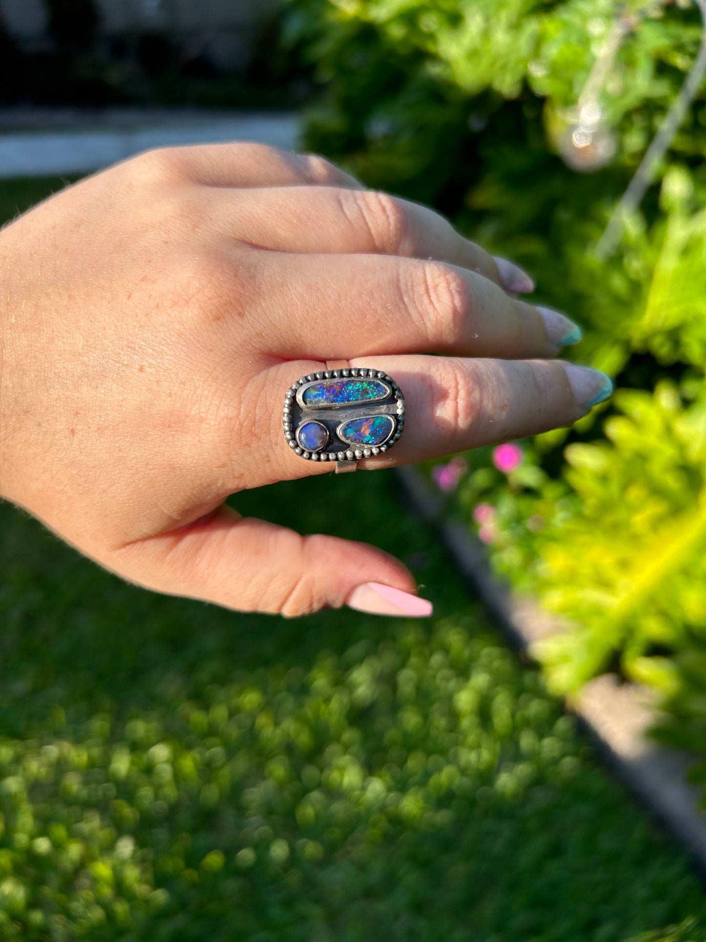 Antique’d Boulder opal cluster ring, vintage style