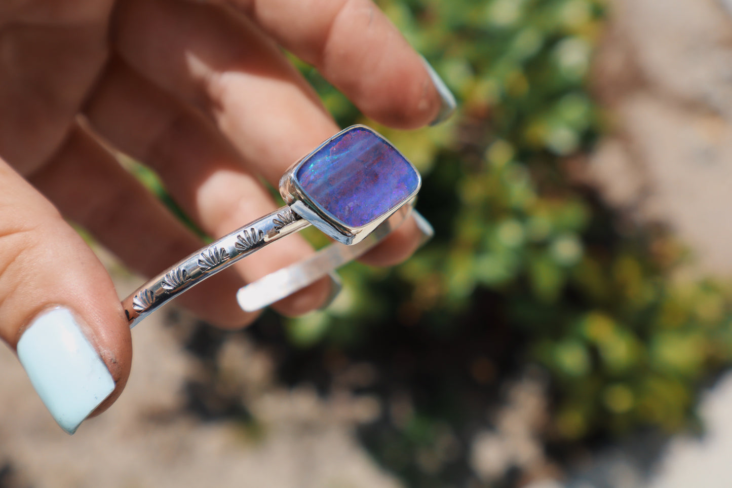 Big beautiful blurple boulder opal hand stamped cuff