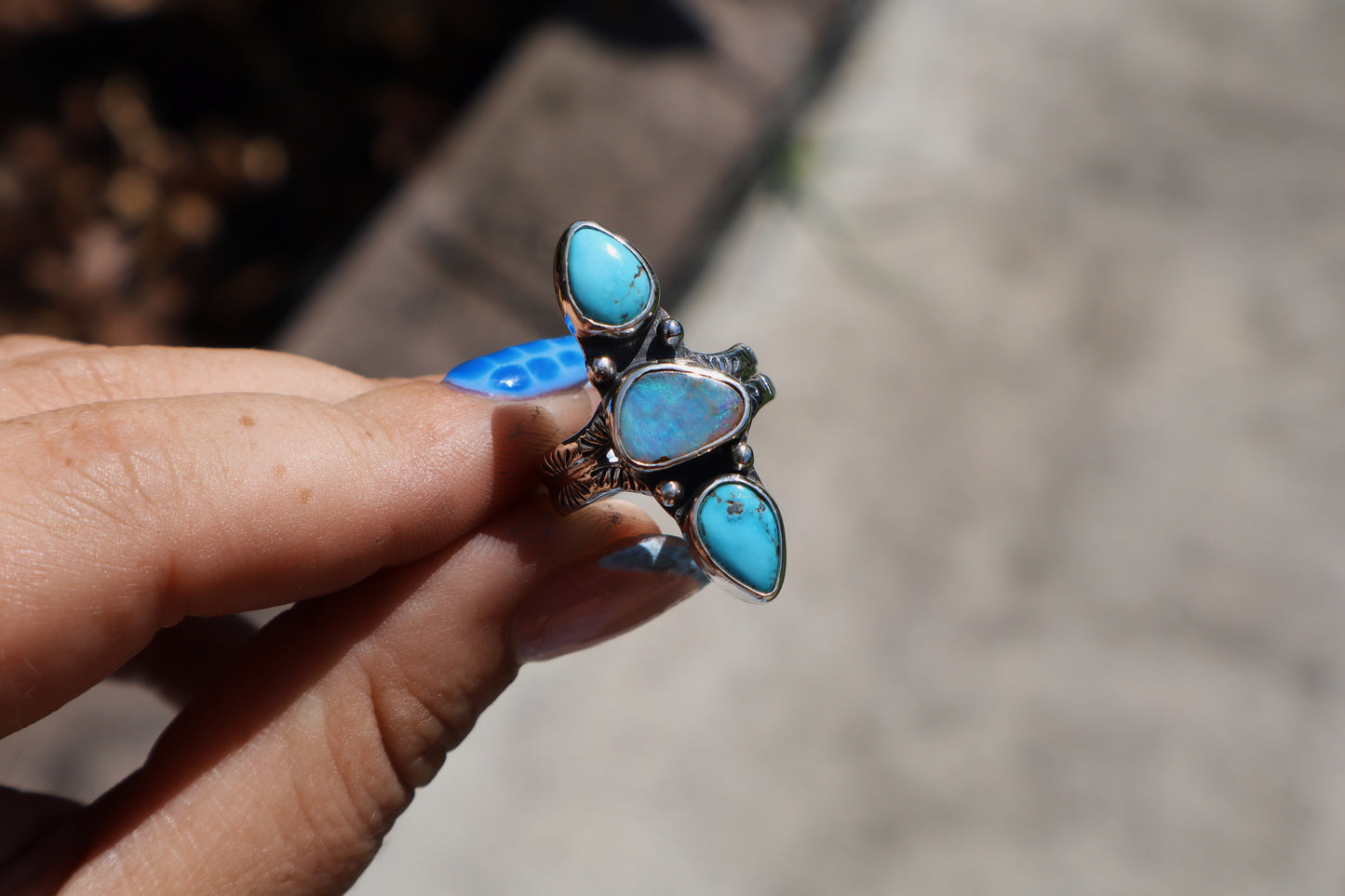 Oasis triple stone ring.(Blue ridge turquoise and boulder opal)hand stamped band. Size 7