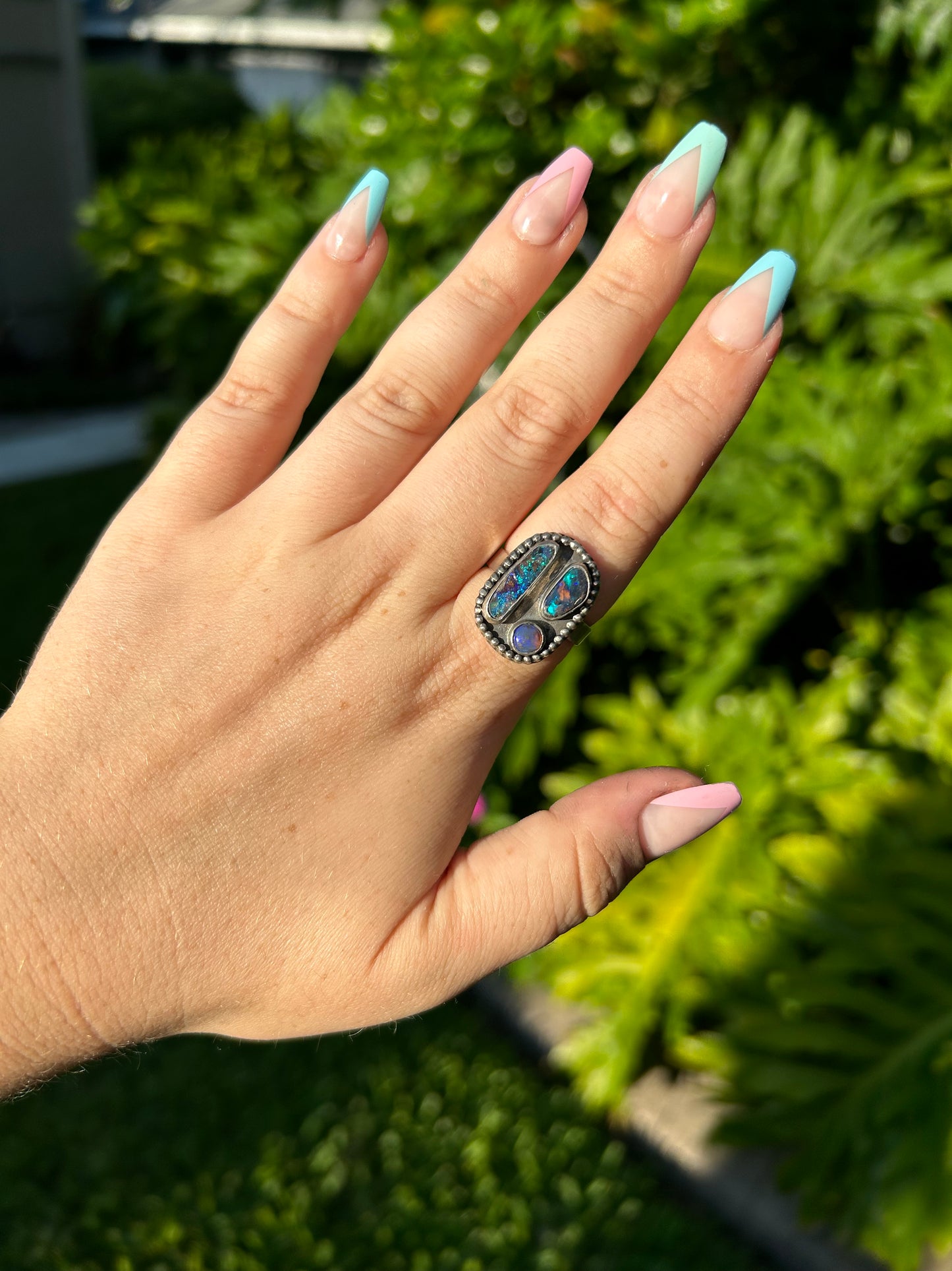 Antique’d Boulder opal cluster ring, vintage style