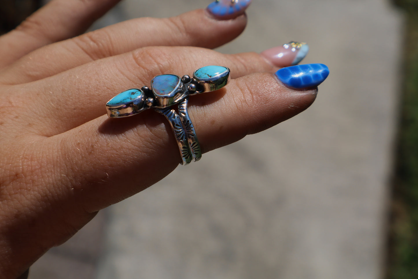 Oasis triple stone ring.(Blue ridge turquoise and boulder opal)hand stamped band. Size 7