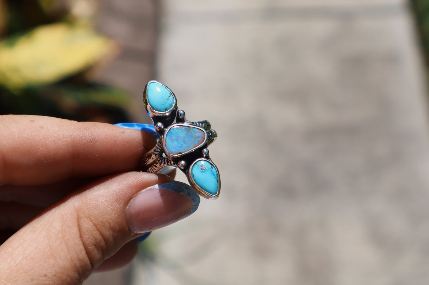 Oasis triple stone ring.(Blue ridge turquoise and boulder opal)hand stamped band. Size 7