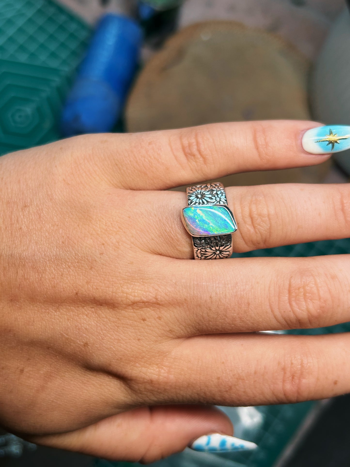 Crystal Opal flower band ring size 7(fits6.75) Sterling silver.