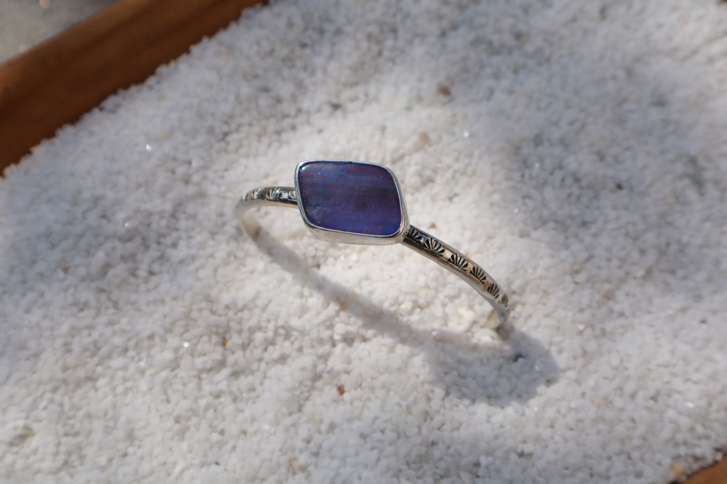 Big beautiful blurple boulder opal hand stamped cuff