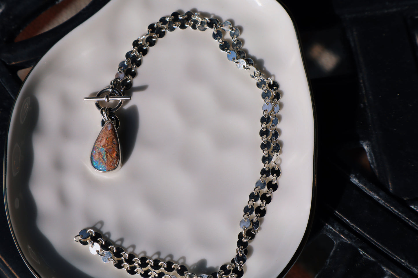 Firecracker 🧨 Wood pipe opal toggle necklace. 18in circle link chain.