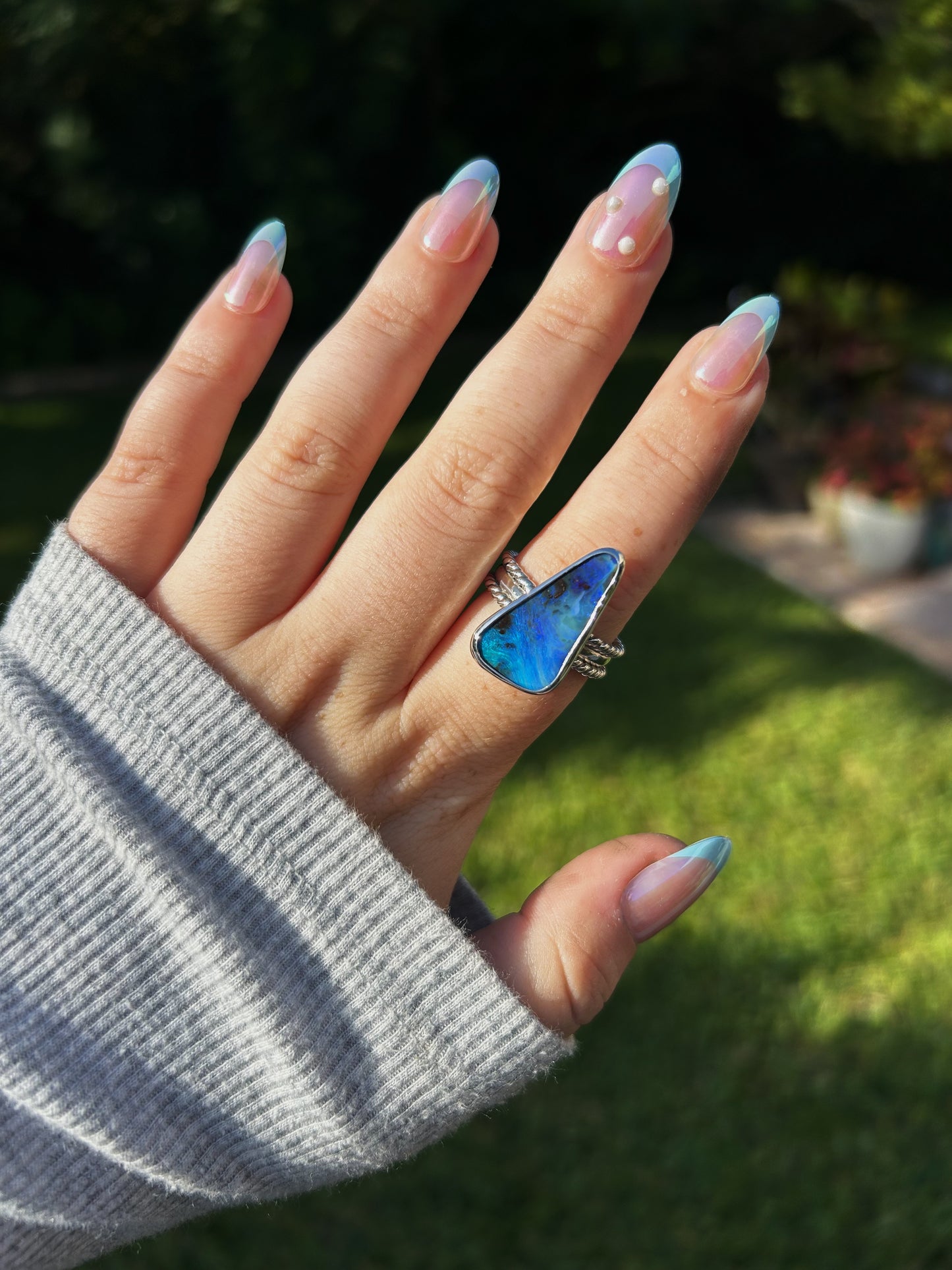 Big Blue Triple Band Custom opal Ring Size 9