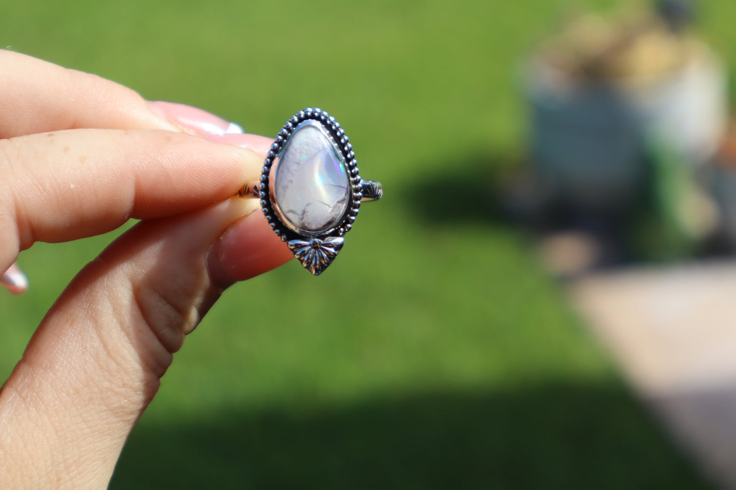 White Flashy Mexican opal “White Magnolia” Ring. Size 9