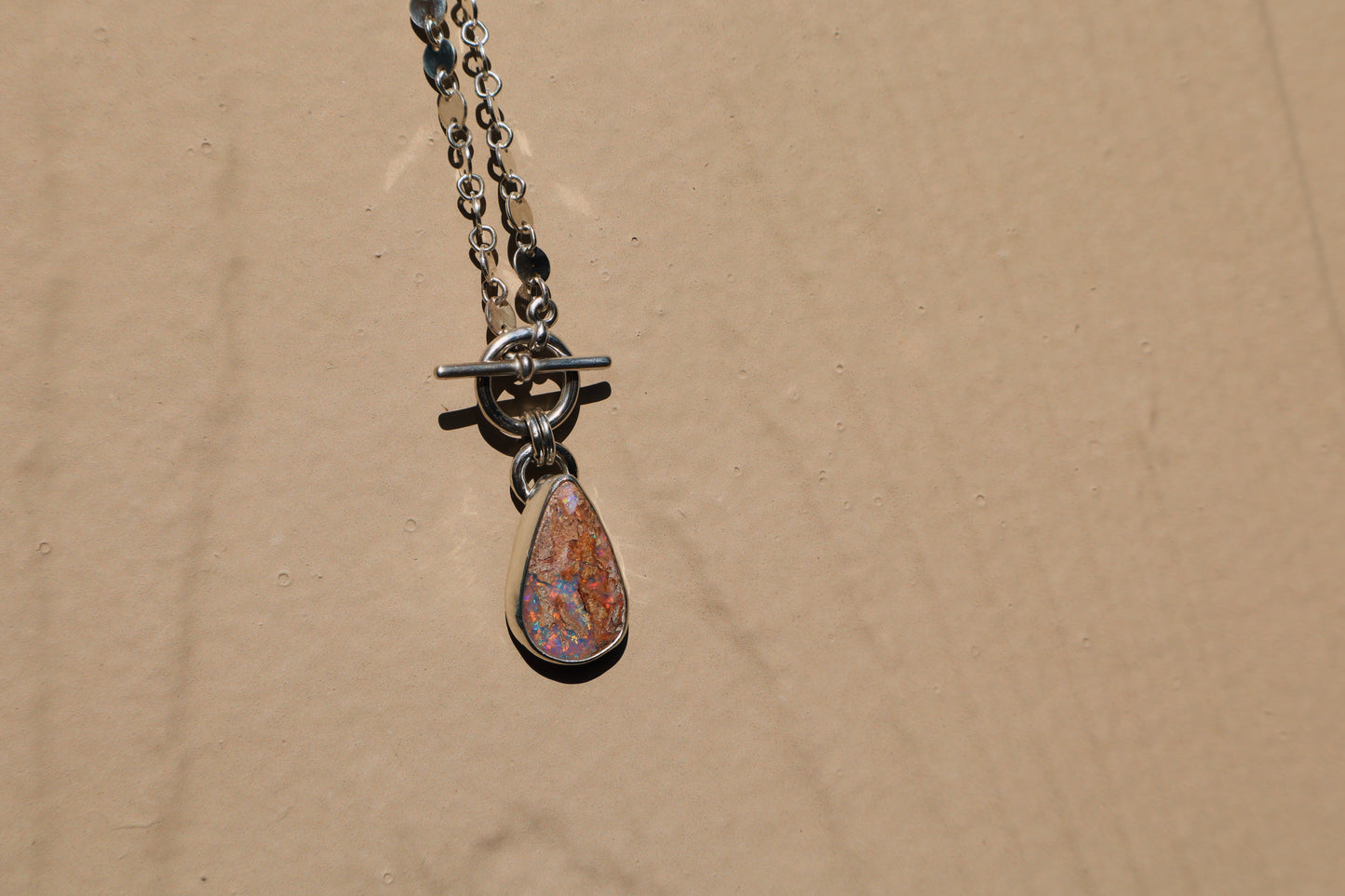 Firecracker 🧨 Wood pipe opal toggle necklace. 18in circle link chain.