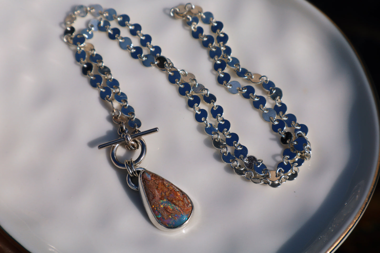 Firecracker 🧨 Wood pipe opal toggle necklace. 18in circle link chain.