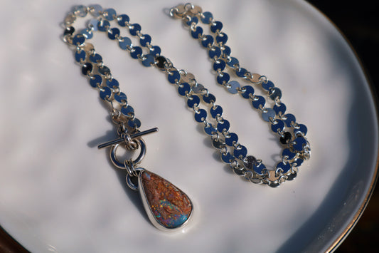 Firecracker 🧨 Wood pipe opal toggle necklace. 18in circle link chain.
