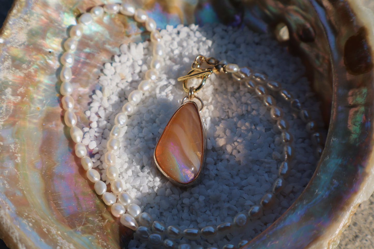 14k gold filled Australian opal pendant on Fresh water pearl beads, toggle clasp