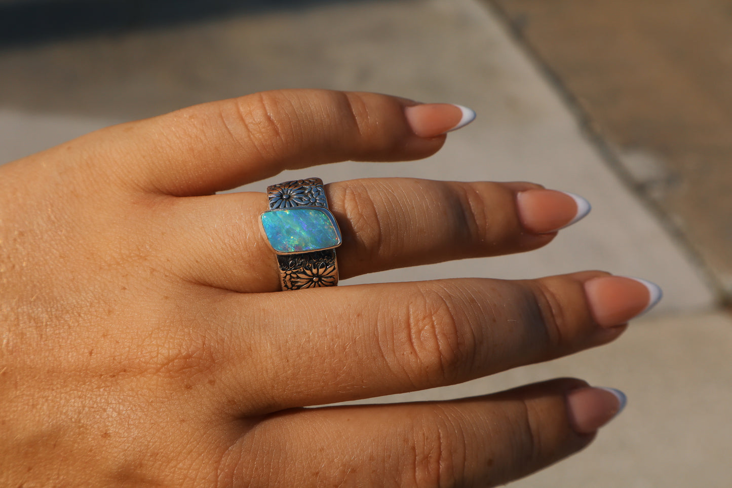 Crystal Opal flower band ring size 7(fits6.75) Sterling silver.
