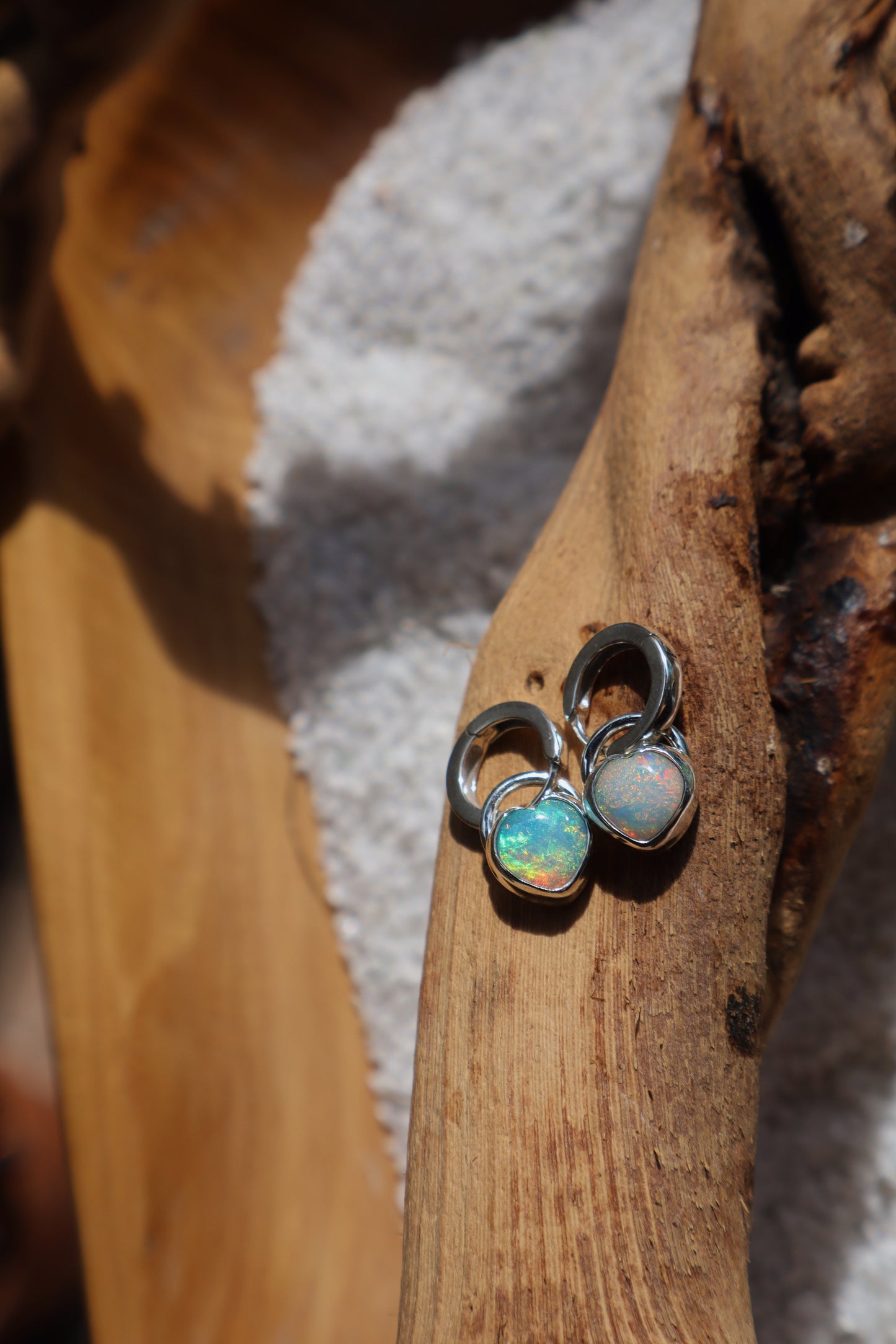 Heart Huggies, opal hoop earrings. Gold Fill