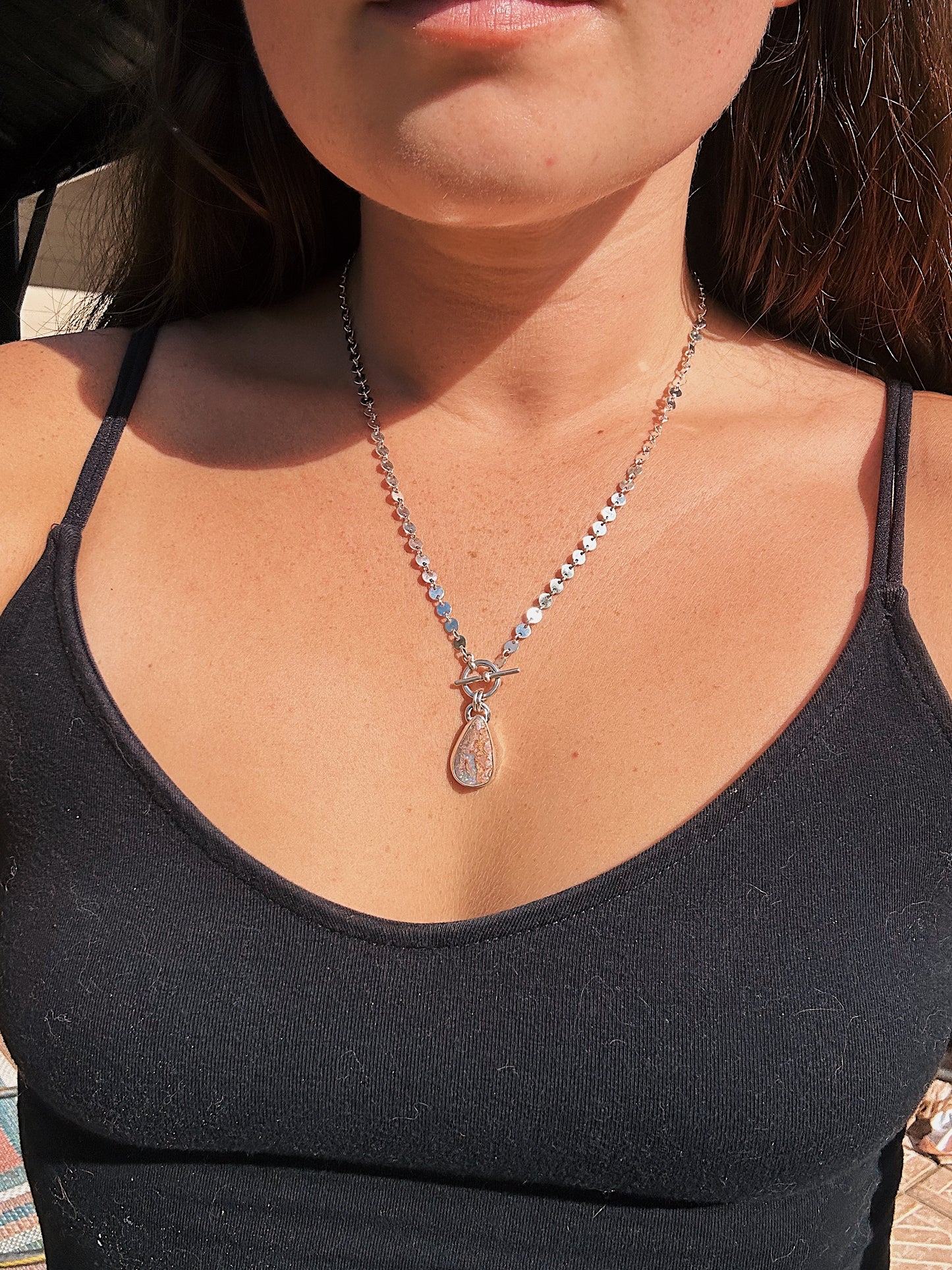 Firecracker 🧨 Wood pipe opal toggle necklace. 18in circle link chain.