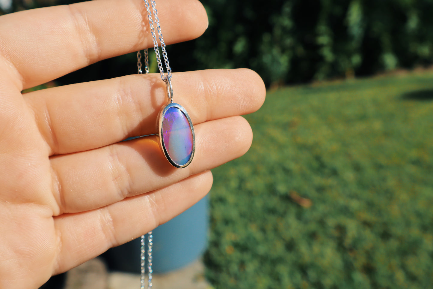 Purple blue swirl opal pendant, open back. Sterling silver, 18-20in cable chain included.