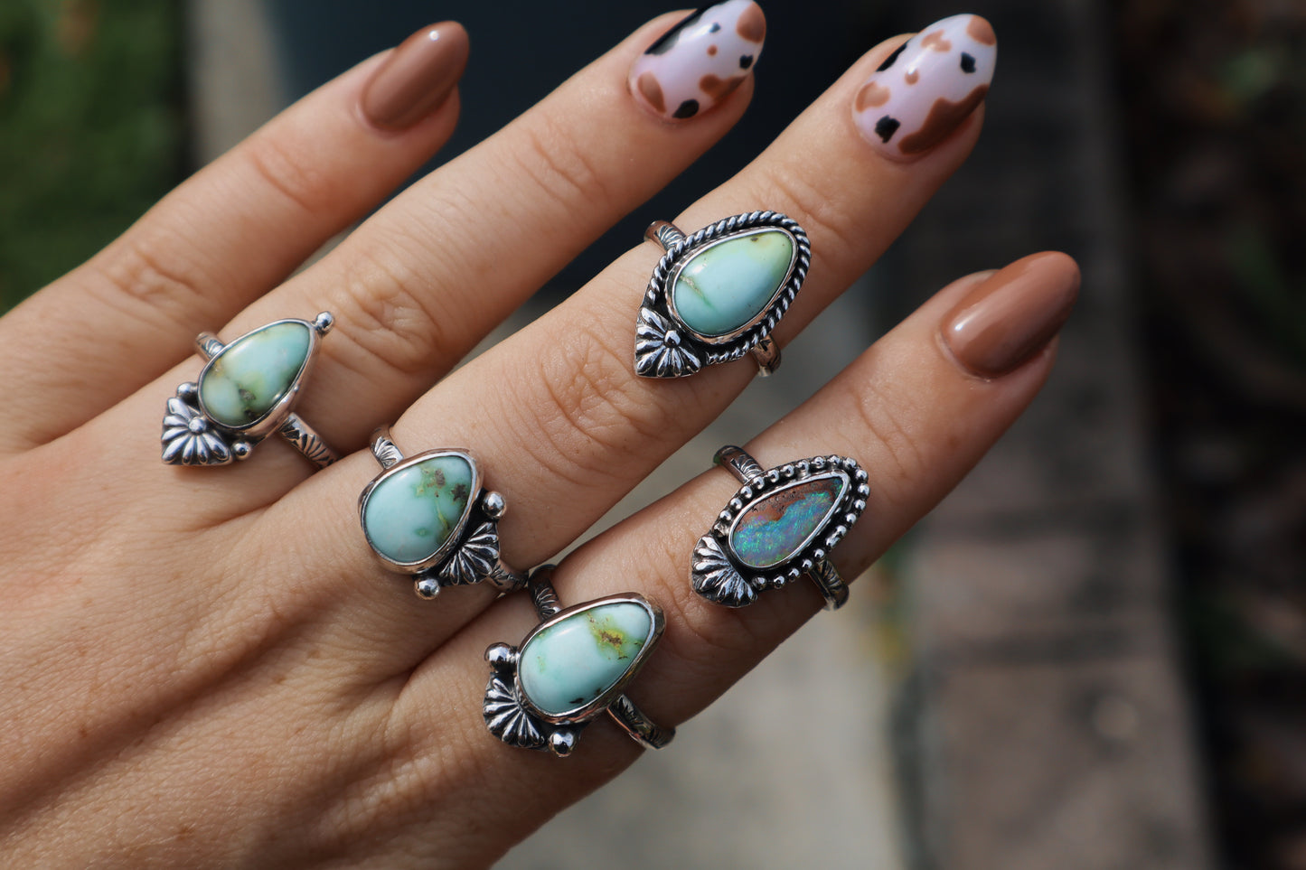 Palomino Cactus flower ring, size 8 hand stamped band, sterling silver