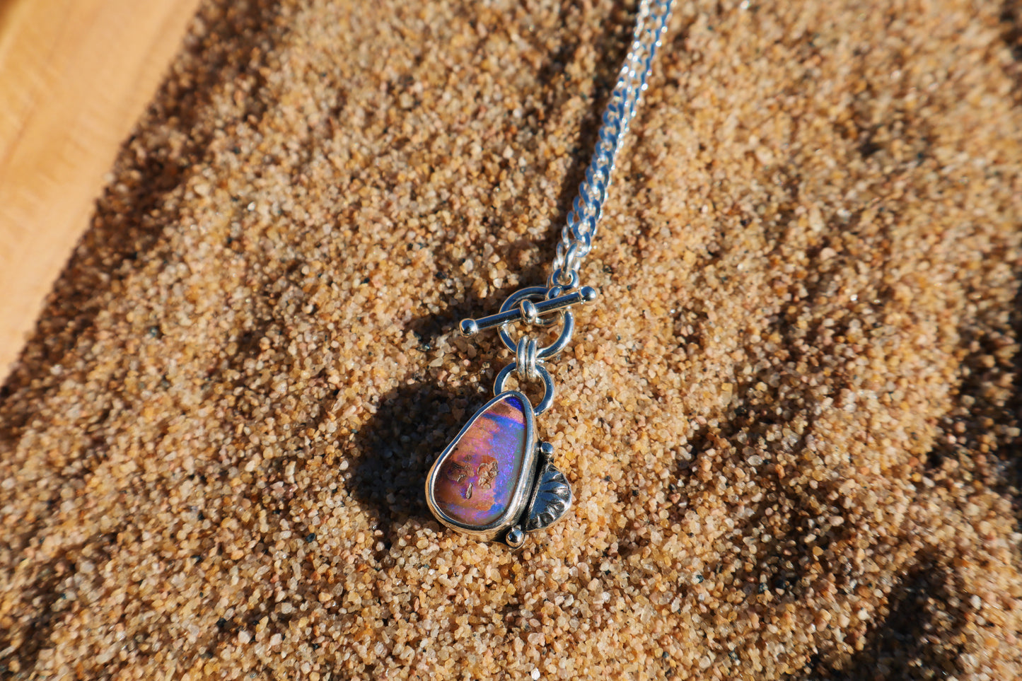 Purple Tear drop opal, 18in flat curb chain with toggle clasp. Sterling silver.
