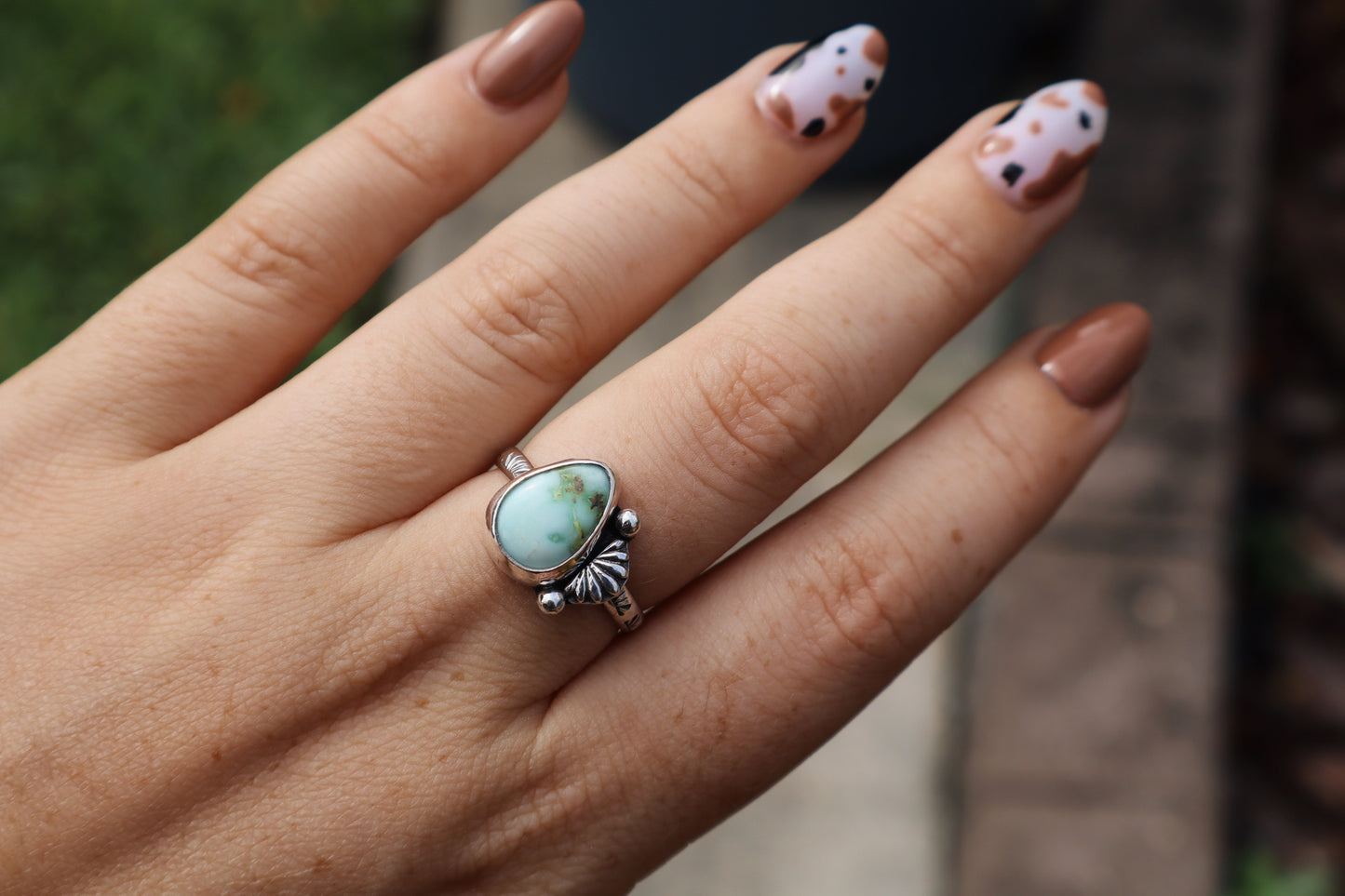 Palomino Cactus flower ring, size 8 hand stamped band, sterling silver