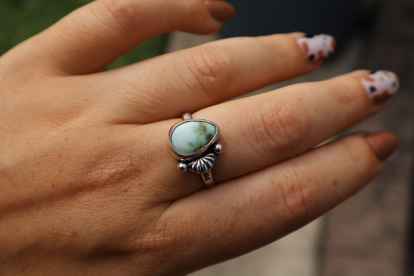 Palomino Cactus flower ring, size 8 hand stamped band, sterling silver